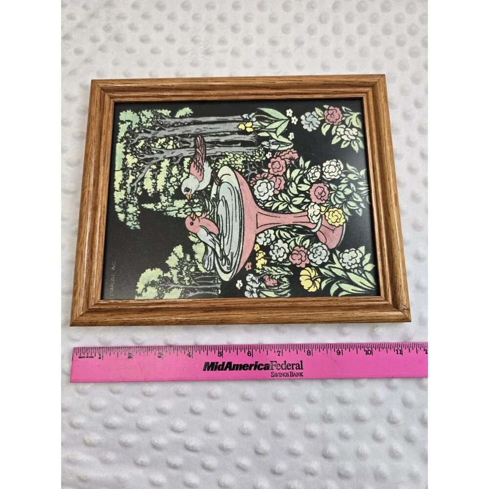 90's Fuzzy Velvet Art 8x10 Wooden Picture Frame Easel Back Birds Garden Birdbath